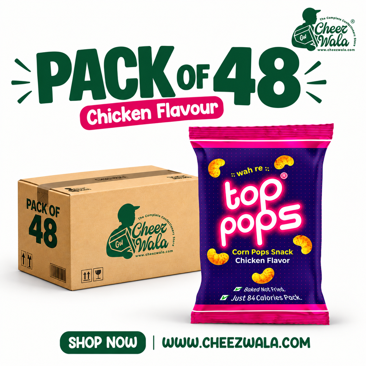 Cheez Wala Pack of 48 Chicken Flavour Corn Pops Snack, showing a brown cardboard box and a single purple bag of the snack with pink and white branding on a white background.