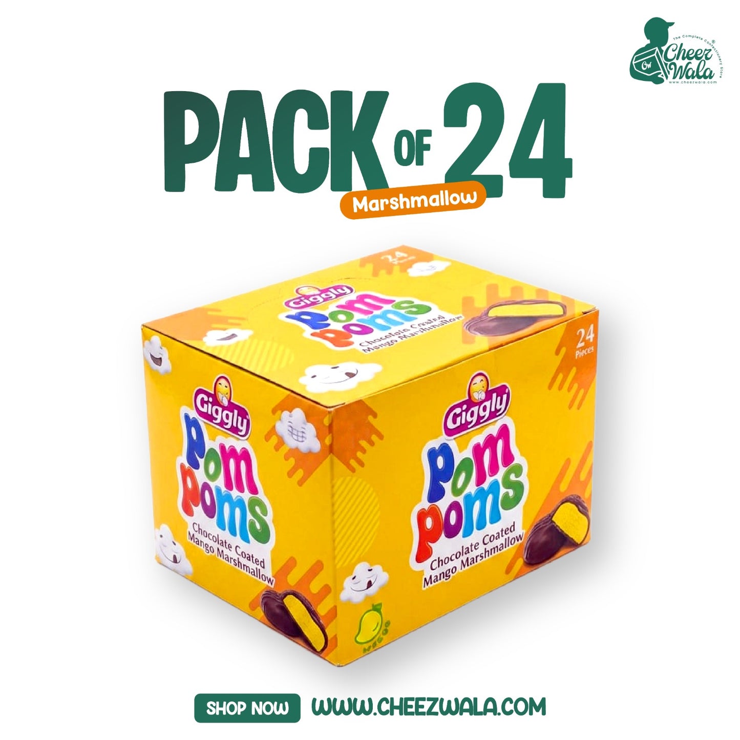Giggly | Pom Poms Chocolate Coated Mango Marshmallow - Pack of 24