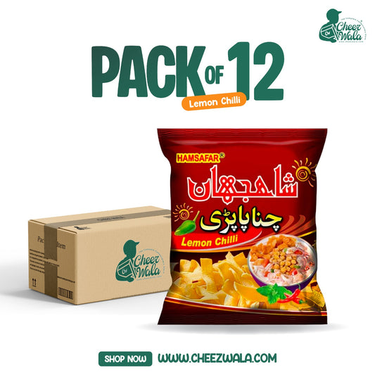 Pack of 12 Hamsafar Shahjahani Lemon Chilli snacks with a cardboard box on a white background.