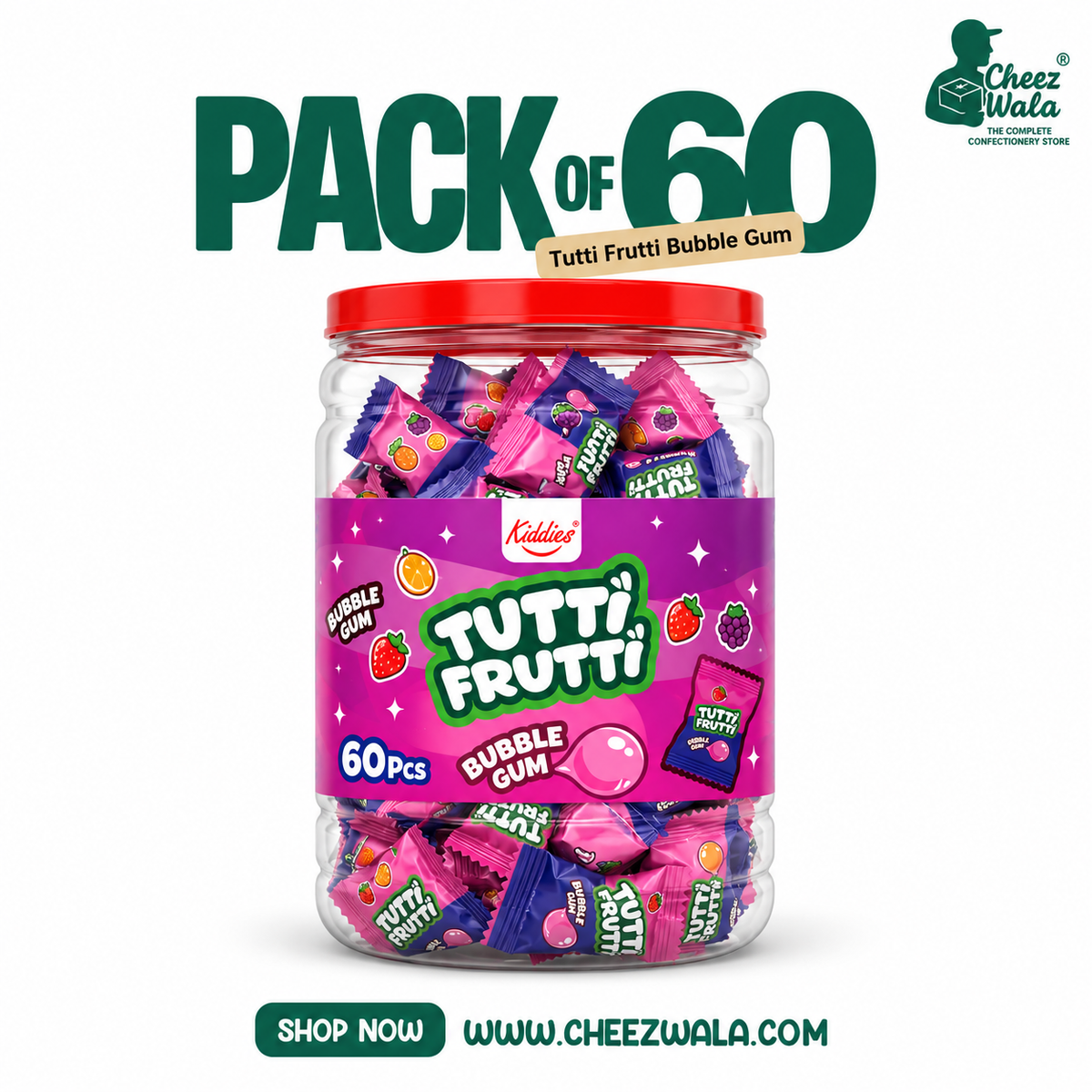 Kiddies | Tutti Frutti Bubble Gum - Pack of 60