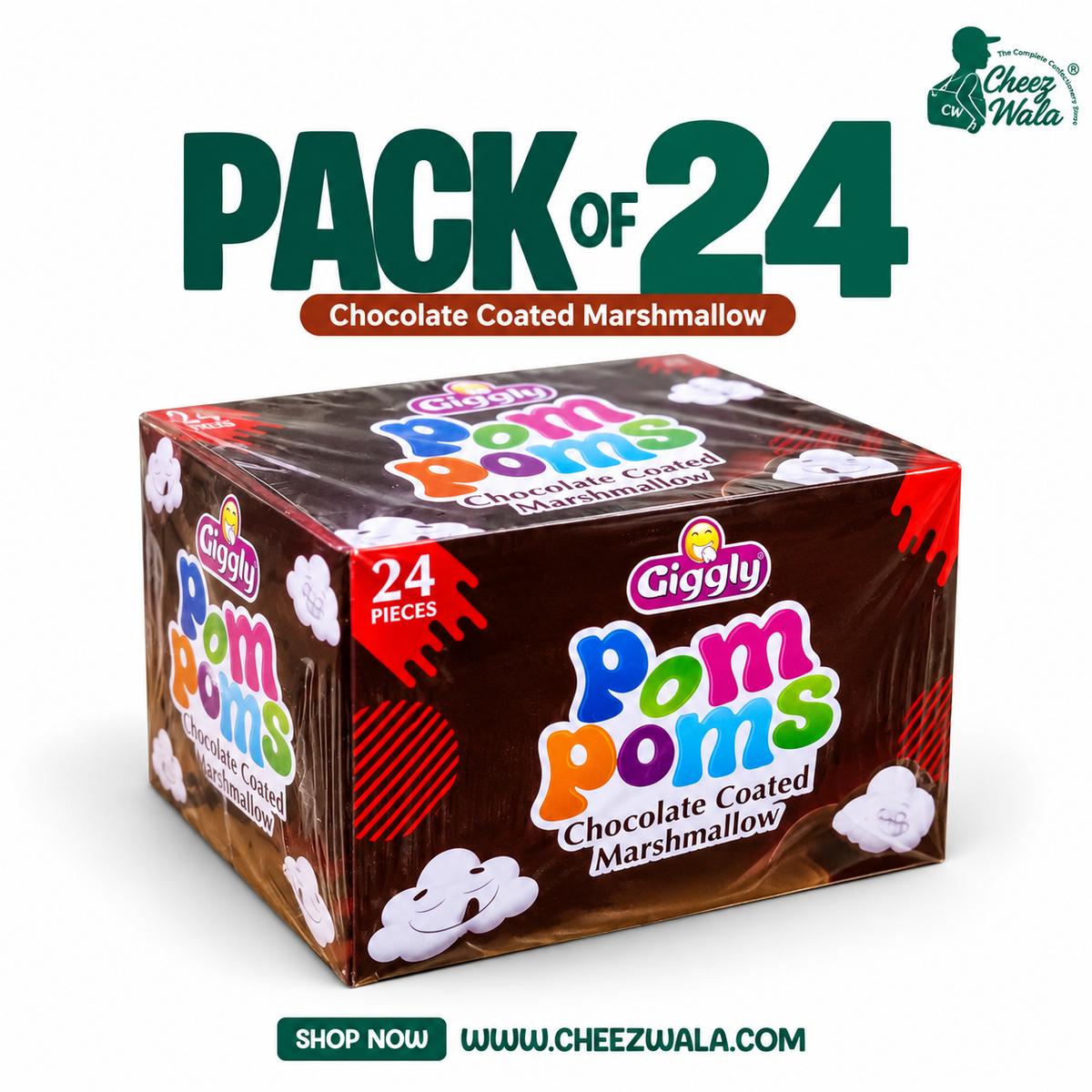 Giggly | Pom Poms Chocolate Coated Marshmallow - Pack of 24