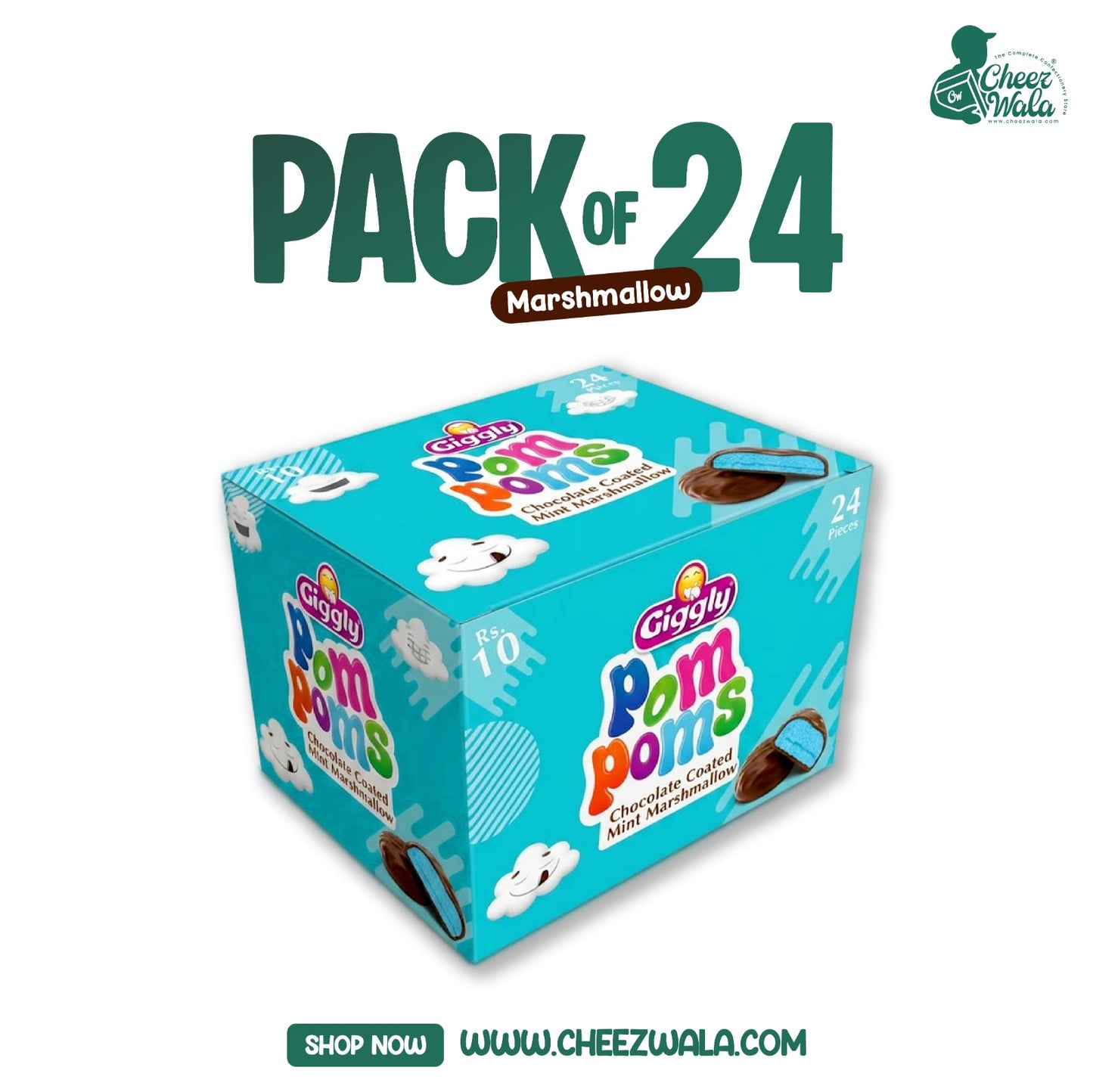 Giggly | Pom Poms Chocolate Coated Mint Marshmallow - Pack of 24